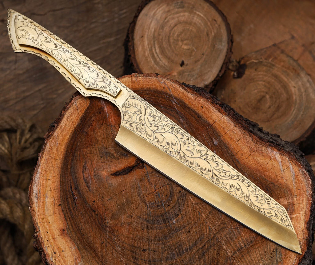 Engraved Bowie Knife – Handmade Damascus Steel Knife with Ornate Blade and Wooden Handle