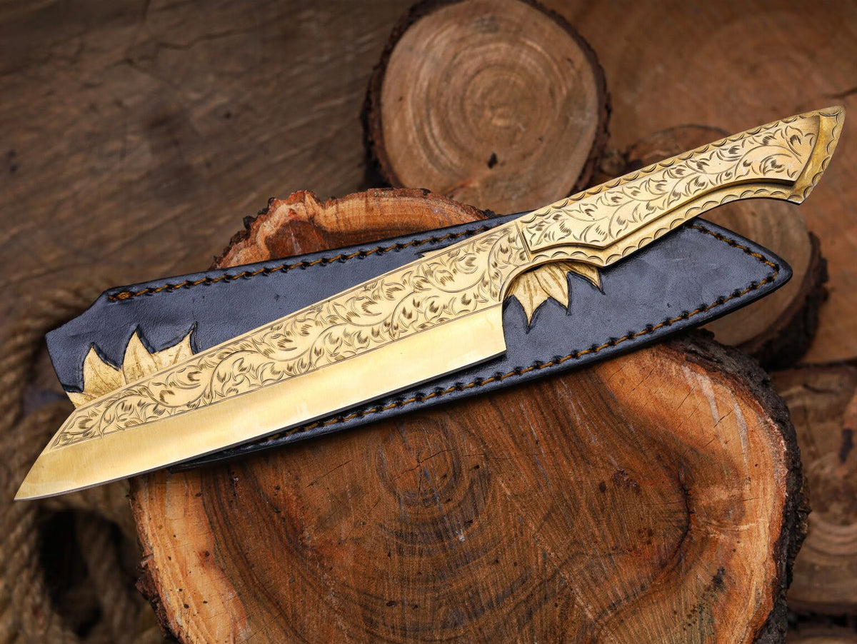 Engraved Bowie Knife – Handmade Damascus Steel Knife with Ornate Blade and Wooden Handle