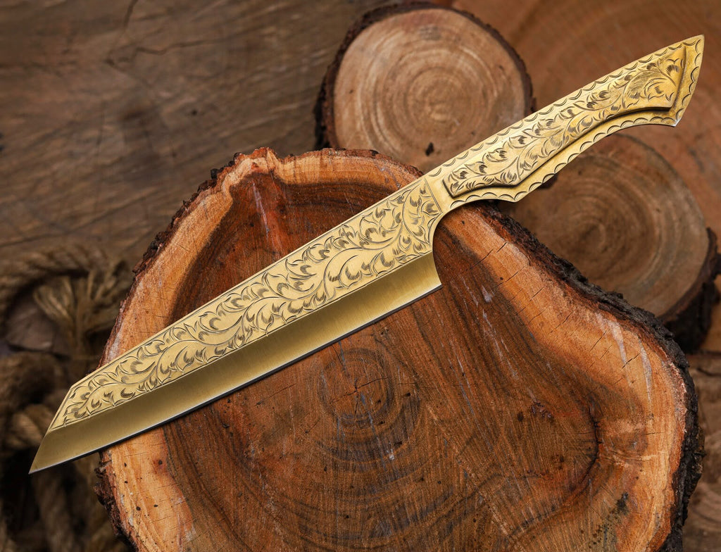 Engraved Straight Edge Fixed Blade Knife – Hand-Forged Damascus Steel with Custom Handle