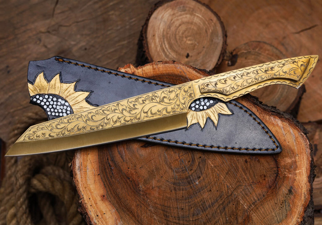 Engraved Straight Edge Fixed Blade Knife – Hand-Forged Damascus Steel with Custom Handle