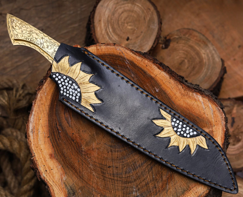 Ornate Engraved Damascus Hunting Knife – Handmade Outdoor Blade with Decorative Handle