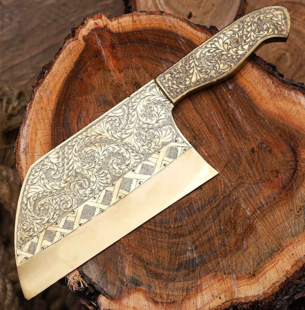 Ornate Engraved Damascus Cleaver – Handmade Butcher Knife with Decorative Blade & Wood Handle