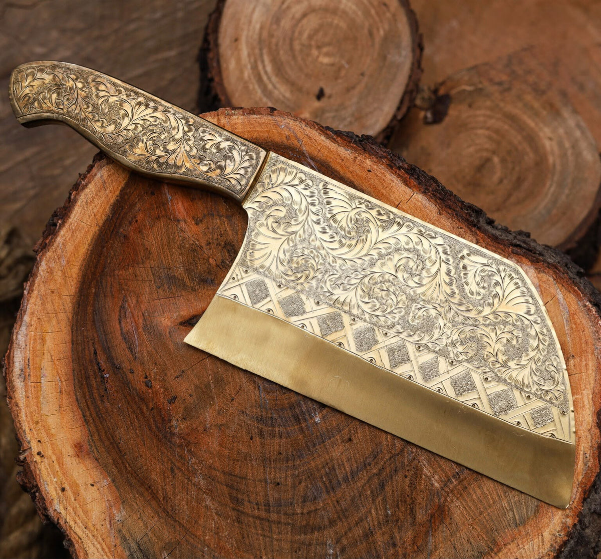 Ornate Engraved Damascus Cleaver – Handmade Butcher Knife with Decorative Blade & Wood Handle