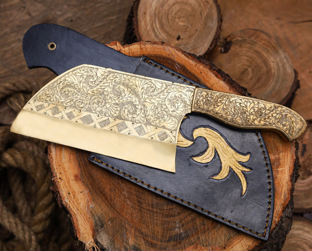 Ornate Engraved Damascus Cleaver – Handmade Butcher Knife with Decorative Blade & Wood Handle