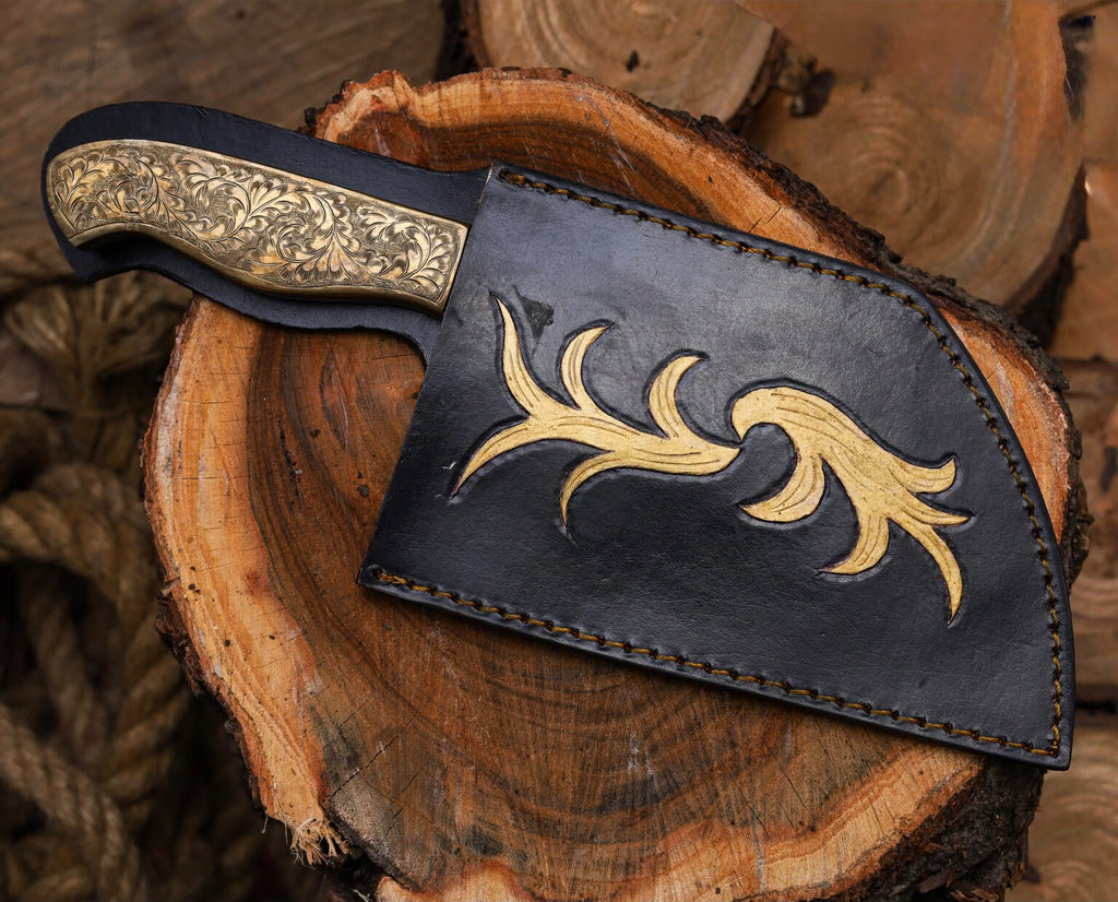 Ornate Engraved Damascus Cleaver – Handmade Butcher Knife with Decorative Blade & Wood Handle
